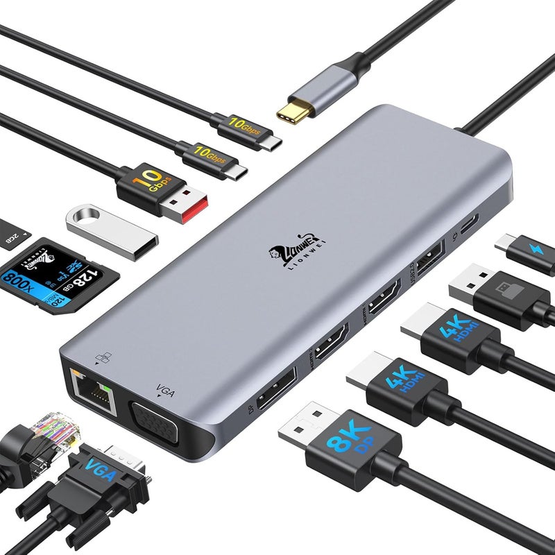 LIONWEI محطة إرساء لابتوب 4 شاشات، HDMI مزدوج + 8K DP + VGA، 10Gbps، 100W PD، 6 منافذ USB C/A، إيثرنت، SD/TF، 13 في 1 محور USB C لماك بوك/ديل/HP/سيرفيس - Image 1